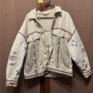 Free People Winter Cactus Embroidered Embellished Trucker Denim Jacket  Medium